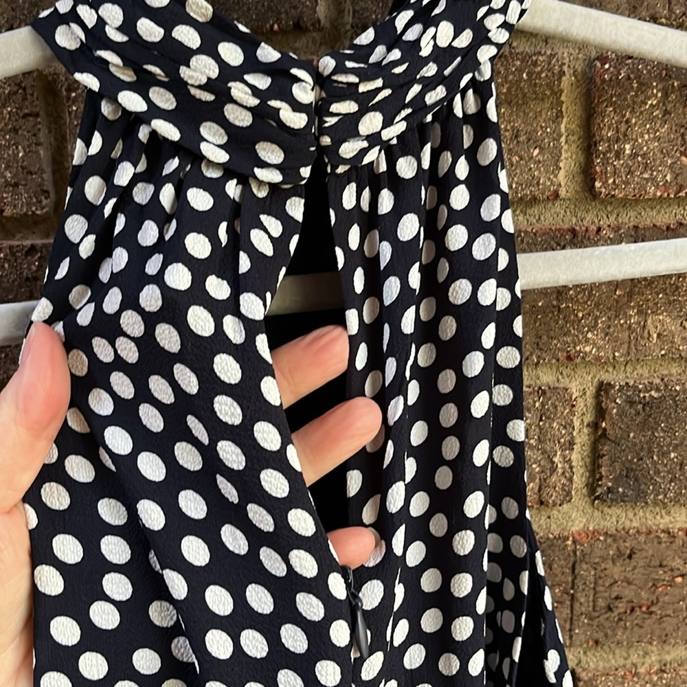 Betsey Johnson Halter Dress with Ruffled Hem Navy with White Polka Dots Size 4 - Picture 7 of 12